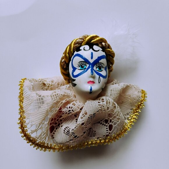 Vintage Porcelain Pierrot Head Ornament, Harlequin Clown Doll Pin Cushion, Lace - Picture 12 of 12